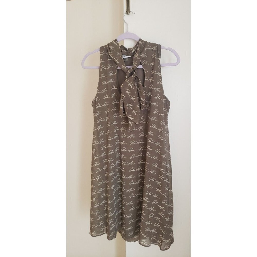 NEW CALVIN KLEIN MONOGRAM LOGO PRINT OLIVE  TAN FRONT BOW MINI DRESS SZ 14